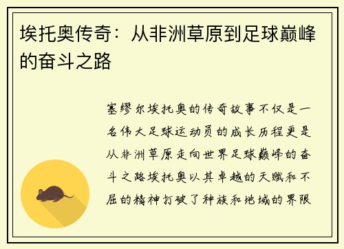 埃托奥传奇：从非洲草原到足球巅峰的奋斗之路