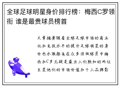 全球足球明星身价排行榜：梅西C罗领衔 谁是最贵球员榜首