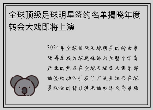 全球顶级足球明星签约名单揭晓年度转会大戏即将上演