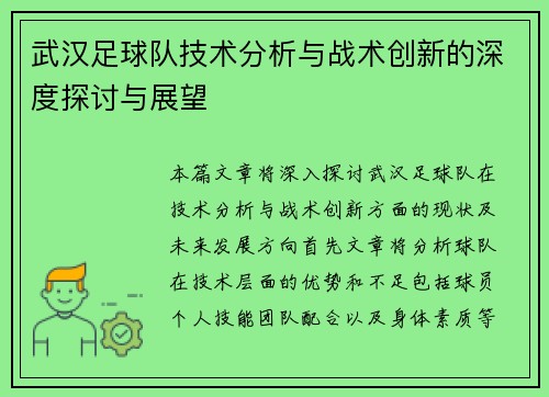 武汉足球队技术分析与战术创新的深度探讨与展望