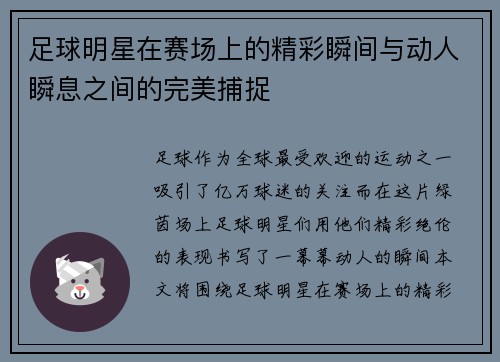 足球明星在赛场上的精彩瞬间与动人瞬息之间的完美捕捉